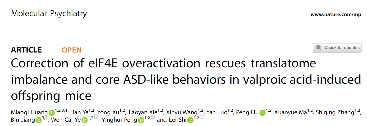 药学院师蕾/叶文才教授团队揭示孤独症“蛋白质合成稳态失衡”共性机制及靶向策略