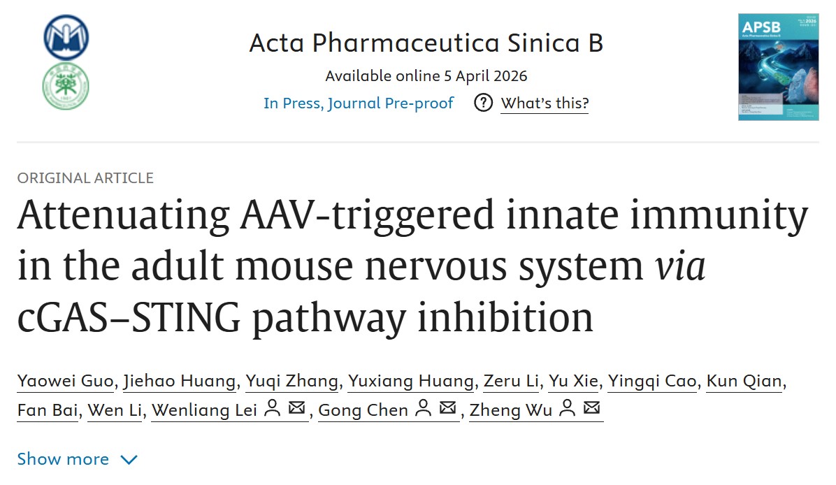 粤港澳中枢神经再生研究院吴政、陈功教授团队Acta Pharmaceutica Sinica B：抑制cGAS-STING通路减轻高剂量AAV诱导的神经毒性