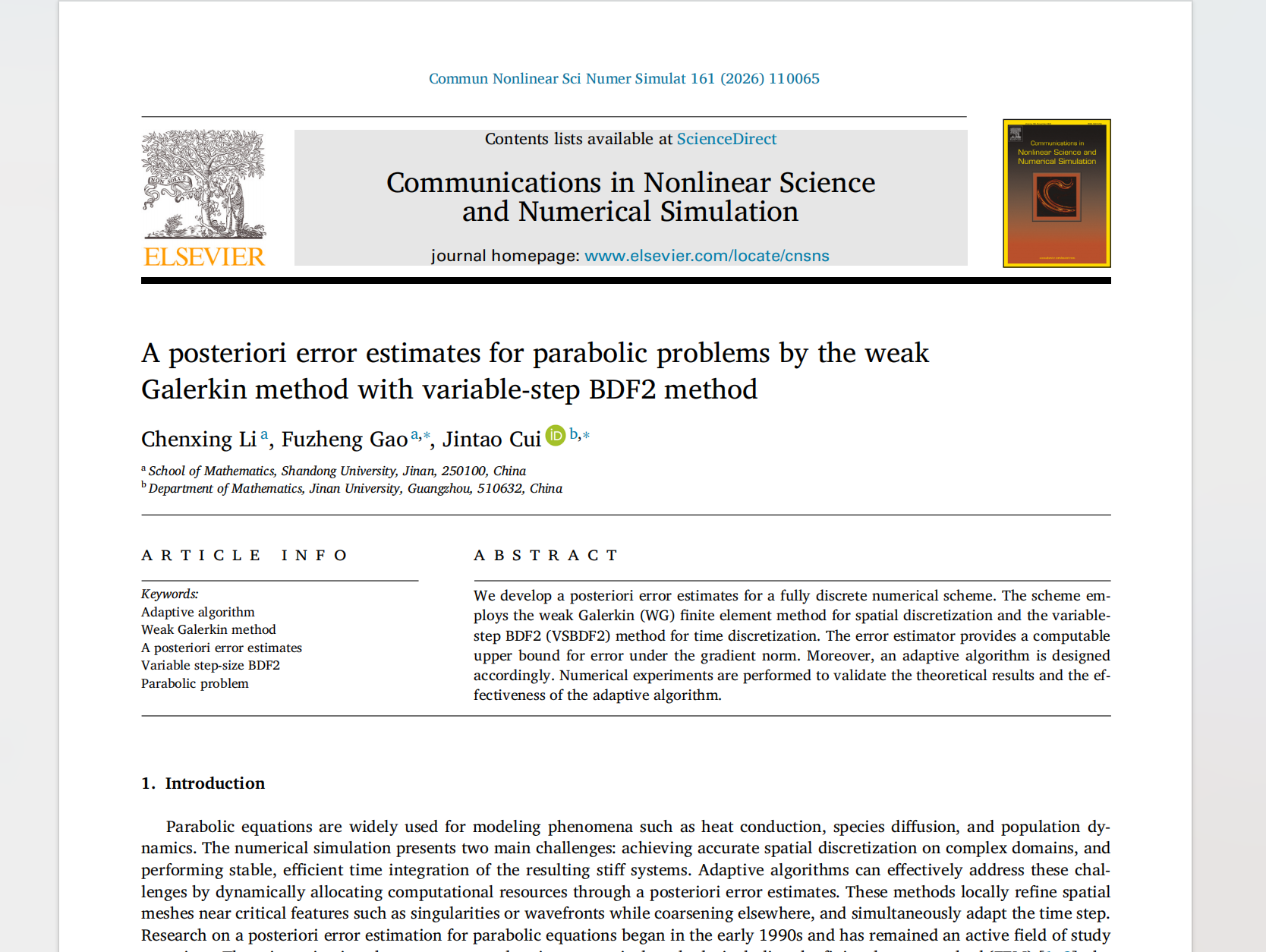 信息科学技术学院数学系崔金涛在Communications in Nonlinear Science and Numerical Simulation发表论文